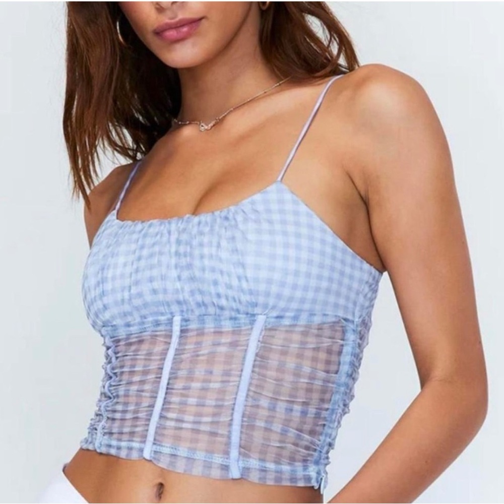 Princess Polly Concordia Blue Sheer Checkered Gingham Crop Top Size US 10 NWT